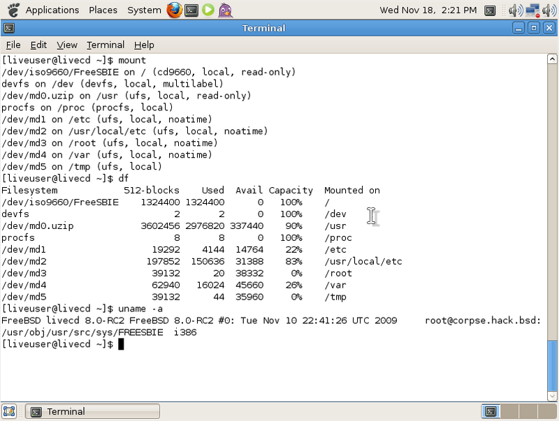 図3　GhostBSD 1.0 Beta動作画面 - FreeBSD 8.0-RC2ベースで構築されたGnome環境であることがわかる