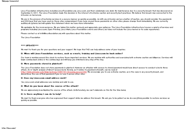 9/15朝現在、LinuxFoundation.orgにアクセスすると、メンテナンス中のメッセージが表示される