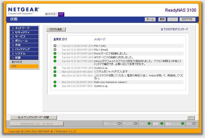 図20　「状態」では、動作状況とログの確認が行えます。ログはダウンロードすることが可能です。