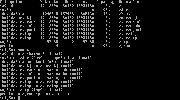 図　HAMMER2で動作しているDragonFly BSD 5.0