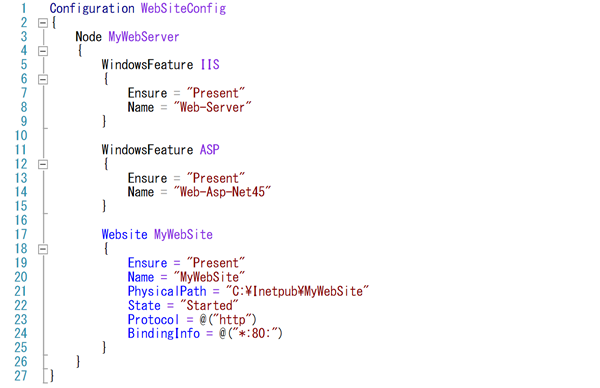 図2　PowerShell DSCでIISの状態をコードとして記述している例