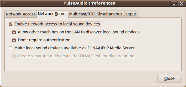 図3　接続される側の設定。「Enable netwok acess to local sound devices」「Allow other machines on the LAN to discover local sound devices」「Don't require authentication」にチェックを入れる