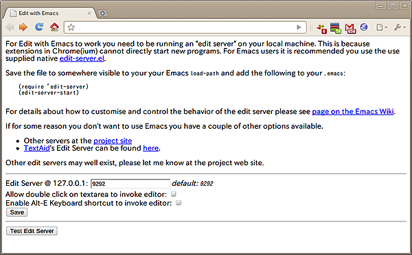 図10　Edit with Emacsの設定画面から、edit-server.elを入手できる