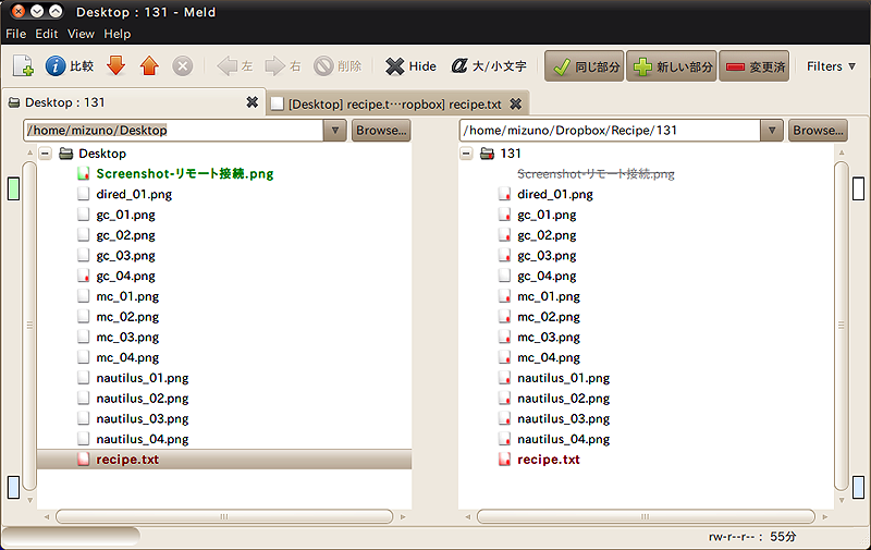 図9　meldを用いたディレクトリの比較。差異のあるファイルは色がついて表示されている。差異のない部分は隠すことも可能