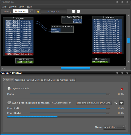 図4　PatchageとPulseAudio Volume Control。連携時には両方をつなぐSink/Sourceとplayback/captureが利用可能となる