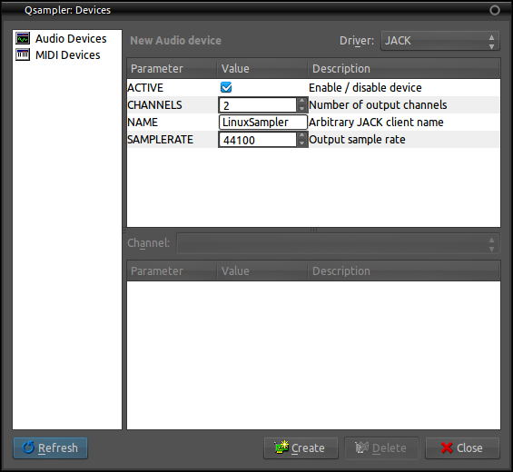 図2　DeviceウィンドウのAudio DeviceでJACKを選択した場合