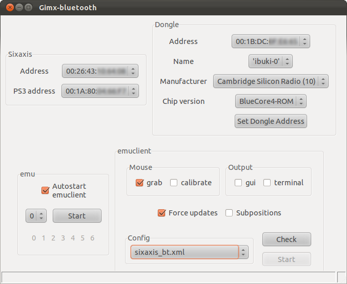 図4　Gimx-bluetoothの画面。BluetoothドングルとSixaxisのアドレスが表示されることを確認しておこう