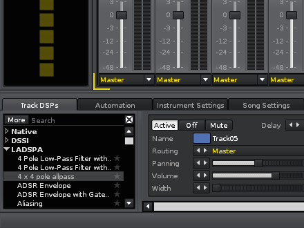 図13　Track DSPs。有効にしたプラグインのパラメーター設定が右側に並ぶ