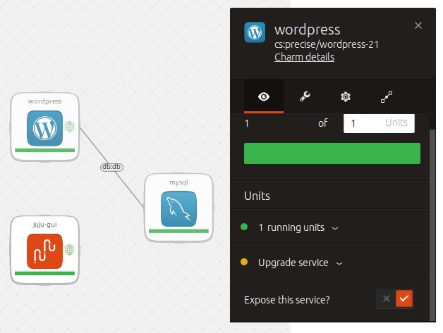 図7　6．WordPressサービスを選択したときに表示される情報の下のほうにある「Expose this service」をチェックする（juju expose wordpress）