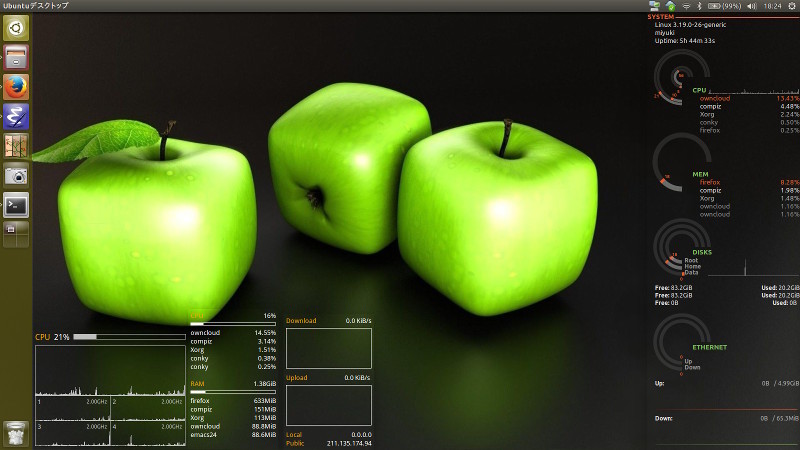 図14 Conky Managerでいくつかのウィジェットを有効にしてみたデスクトップ。円形の棒グラフはLuaで実装されている