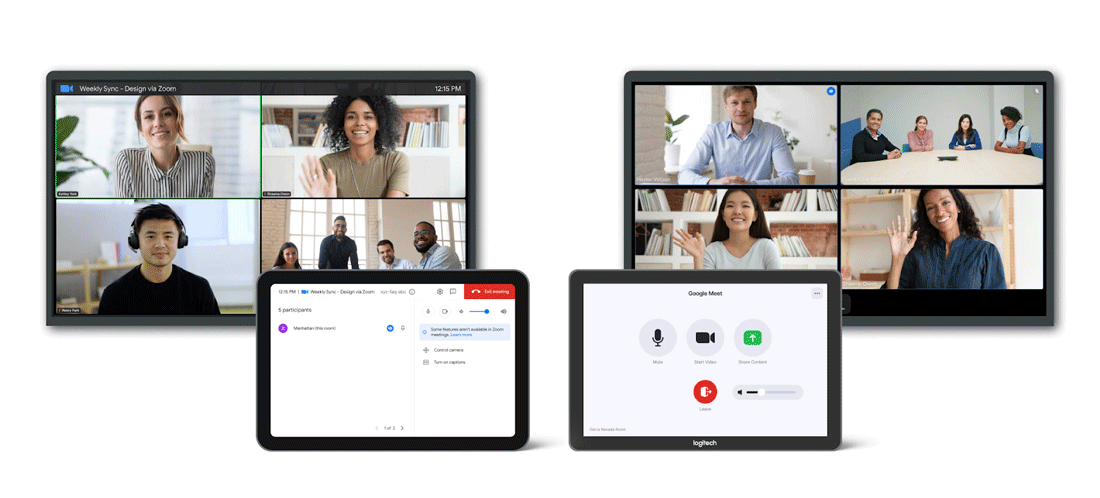 左：Google MeetハードウェアでのZoomミーティング、右：Zoom RoomsでのGoogle Meet（Google Coludのブログより）