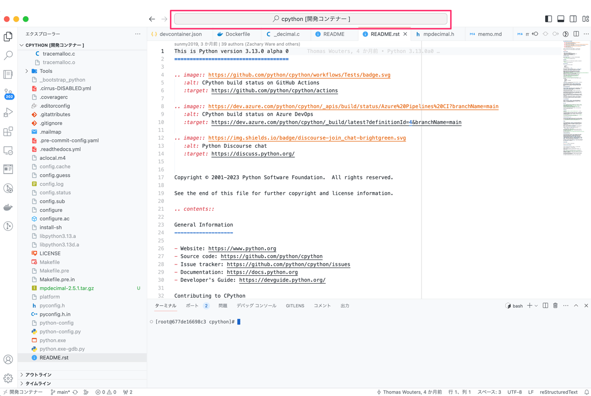 「cpython 開発コンテナー」と表示される