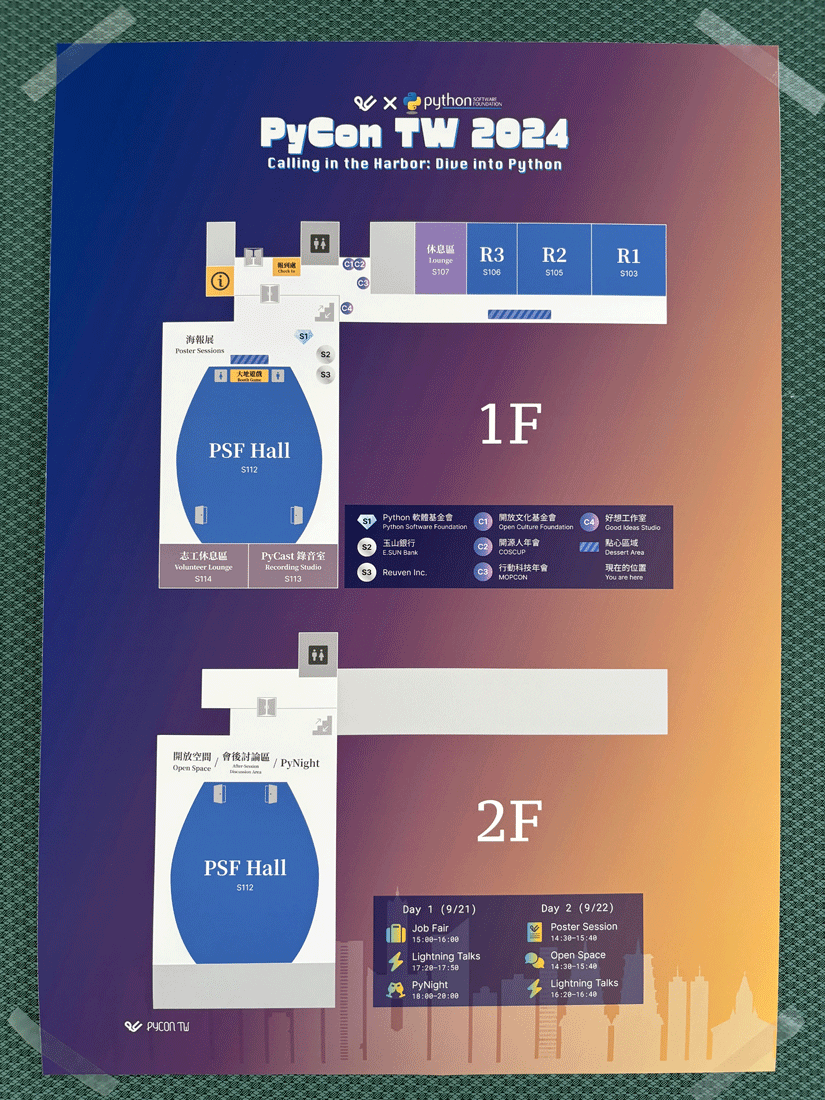 会場はホールが1つ、会議室が3つの4トラック制。ホール名がPSFホールなのはPSFがスポンサーなので。Pythonista的にぐっときます