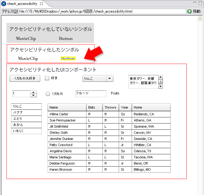 図　フォーカスがあたって黄色くなるFlashコンテンツ内のボタン（矢印の先）