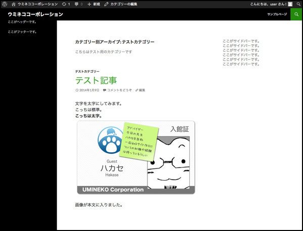 この「テストカテゴリー」の中にグループ分けされているすべての記事が、ずらっと表示されます。今はまだ1つだけですが…