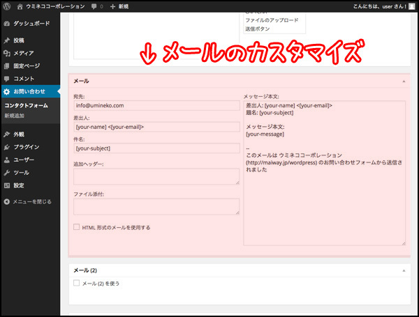 設定画面の下のほうにあります。項目名は[項目名]という形式で記述します