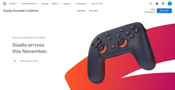 図6　データセンター上でゲームを動作させた映像を配信する、Googleのクラウド型ゲームサービス「Google Stadia」のウェブサイト