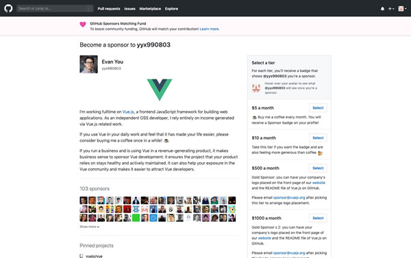 図3　毎月寄付する金額を選べる「GitHub Sponsors」。支援者には金額に応じて開発者からのサービスが提供される
