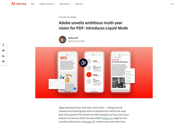 図5　「Adobe Acrobat Reader for PDF」モバイルアプリに追加される「Liquid Mode」機能の紹介と、今後数年間のビジョンを説明したAdobe Blogのエントリー