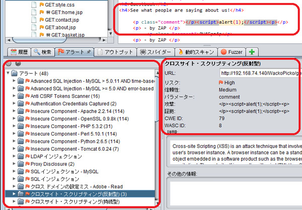 図5　動的スキャン機能を実行し、脆弱性を検出（赤枠のように検出された脆弱性一覧、検出根拠を確認可能）