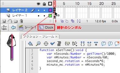 図2　時計のシンボル内の第1フレームアクション