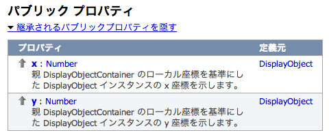 図2　［MovieClipクラス］の［プロパティ］一覧が拡張して表示されたxとy