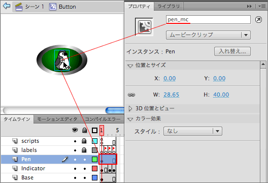 図7　ボタンのMovieClipシンボル内にMovieClipインスタンスをひとつ置く