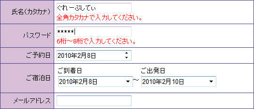 検証コンポーネントによるエラー通知の例