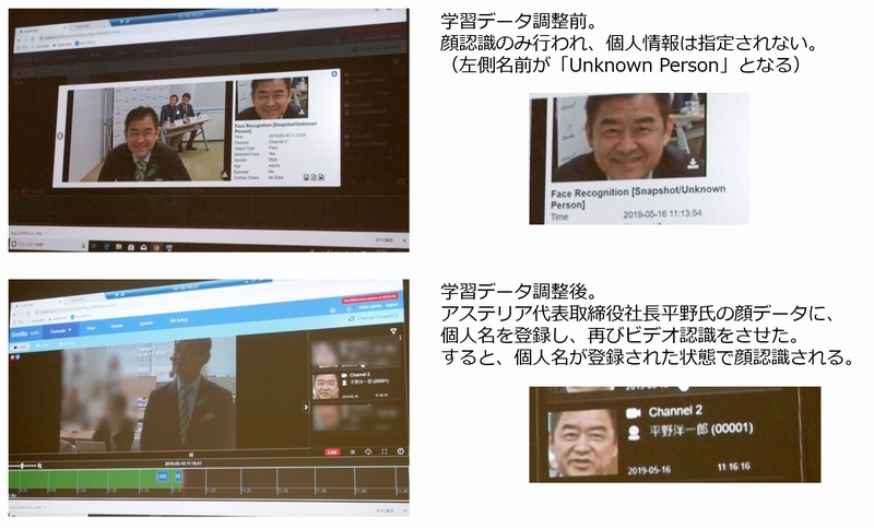 発表会会場となったアステリア本社の入口のカメラと連動したデモンストレーションが行われた。接続するだけで顔を認識し登録され、さらに個別情報を登録することで、その後の画像認識や分析につなげていくことができる。その他、学習用データの登録から、その後の学習へつなげていくことも可能